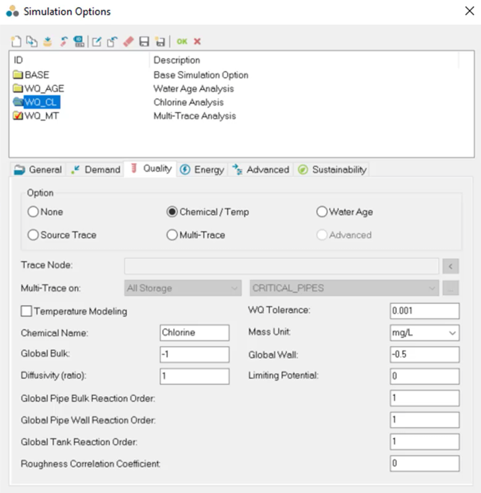 The Simulation Options dialog, Quality tab, in which users can configure the water quality settings for their water quality run.