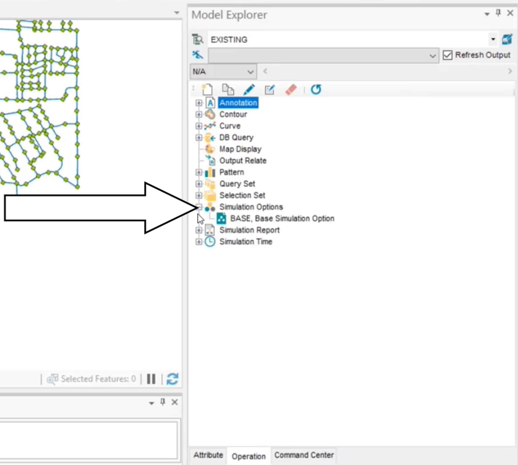 The Model Explorer, Operation tab, with Simulation Options folder expanded and BASE, Base Simulation Option called out.