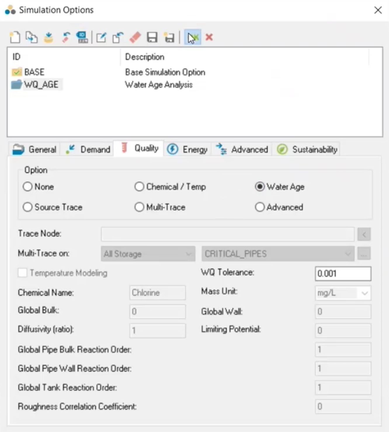 The Simulation Options dialog box with the new simulation folder created, Water Option selected, and the OK command selected.