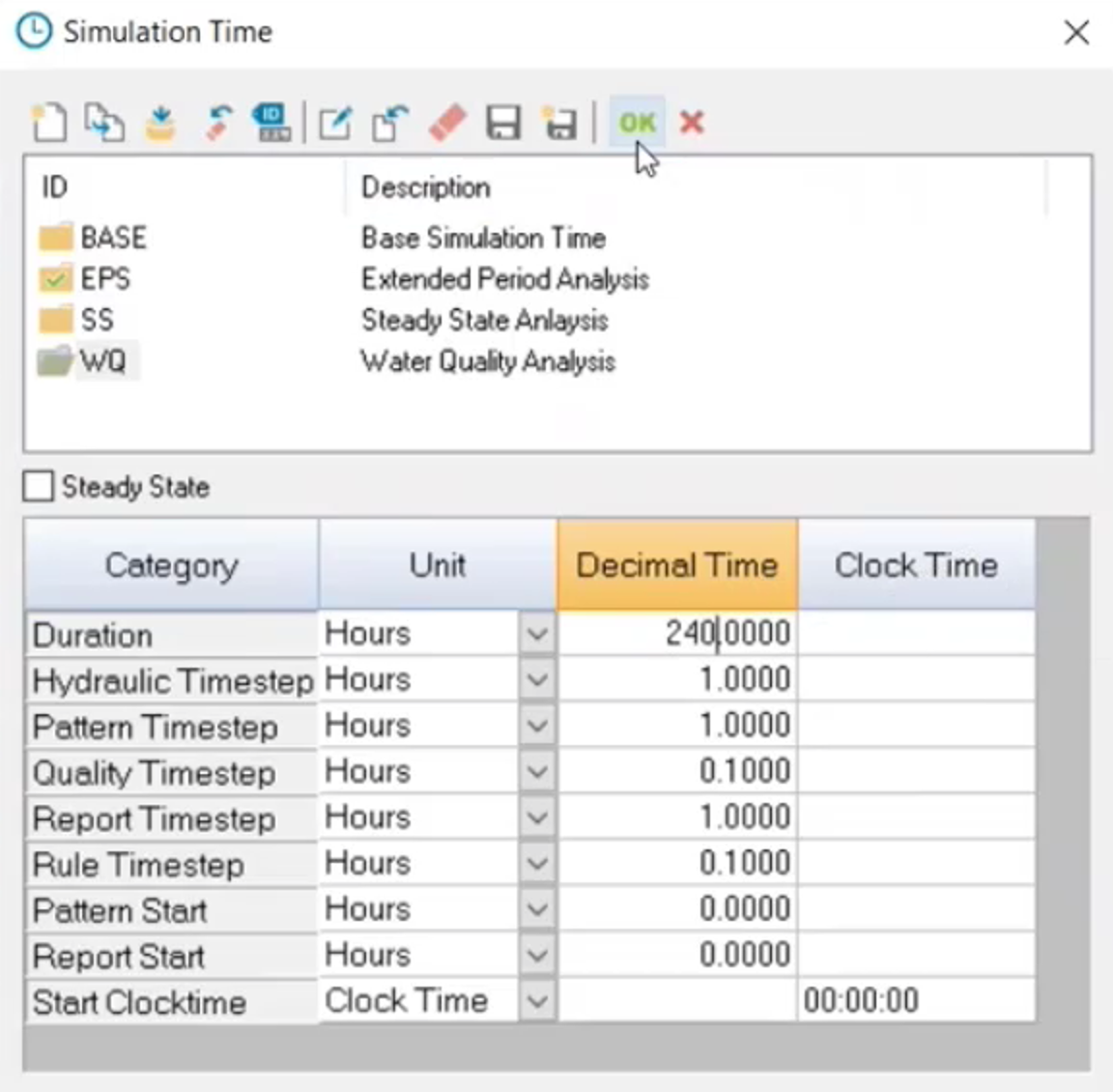 The Simulation Time dialog box with the duration time entered into the table.