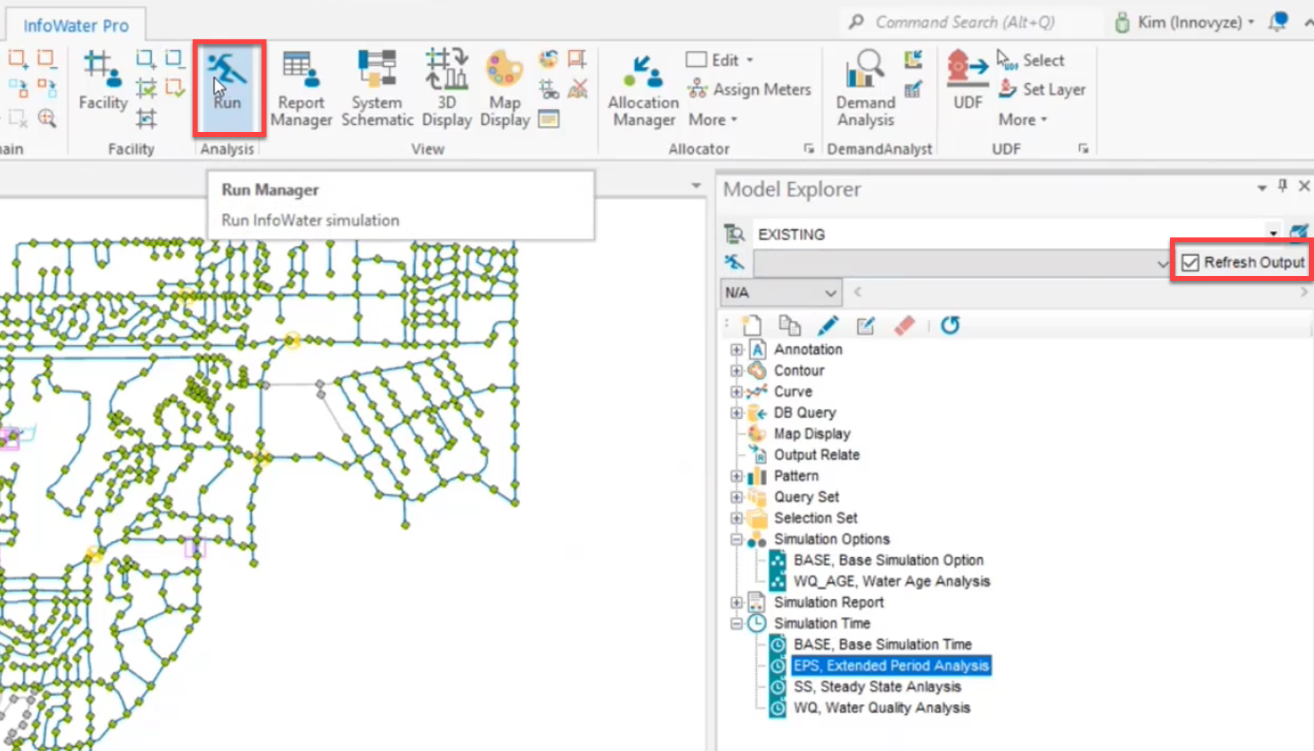 The user interface with Refresh Output enabled in the Model Explorer and the Run command called out and selected.