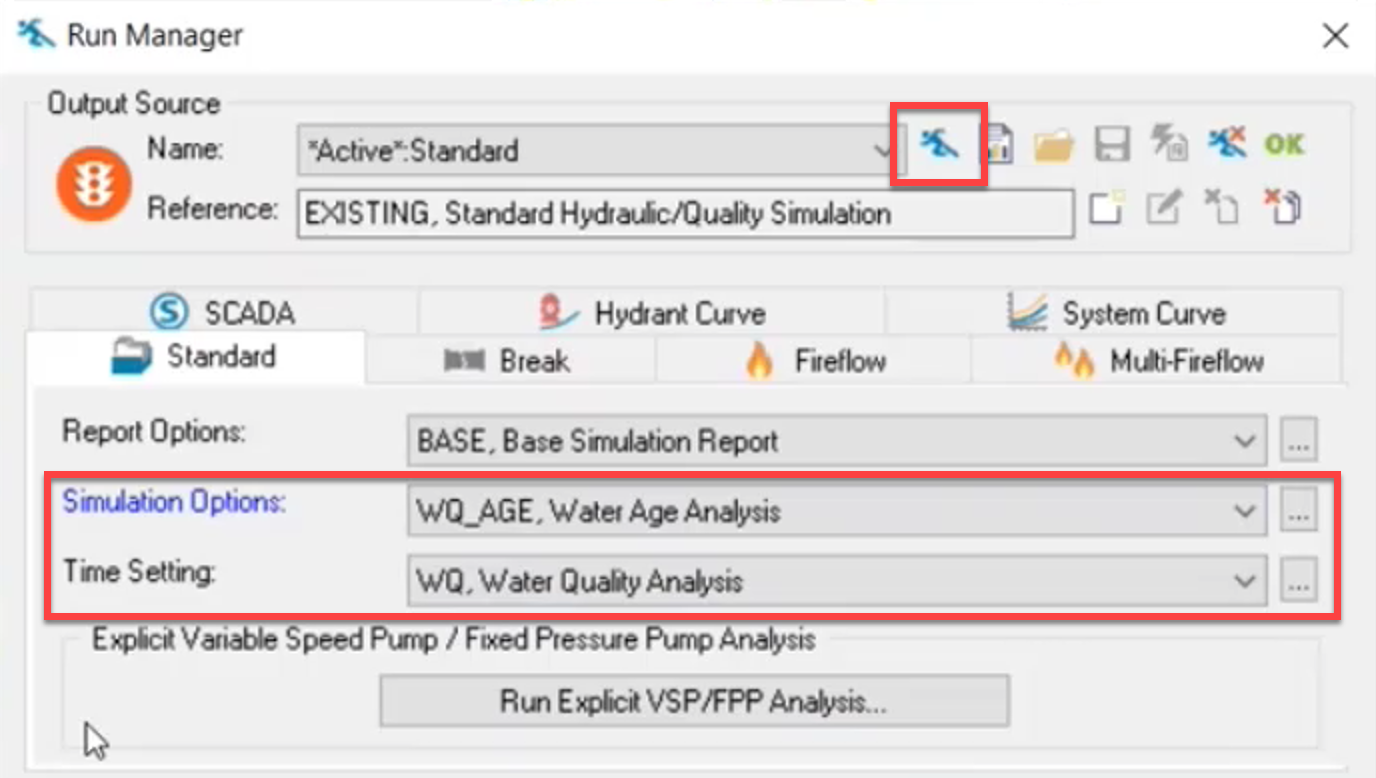 The Run Manager, with the Run command called out and the Simulation Options and Time Settings configured and called out.