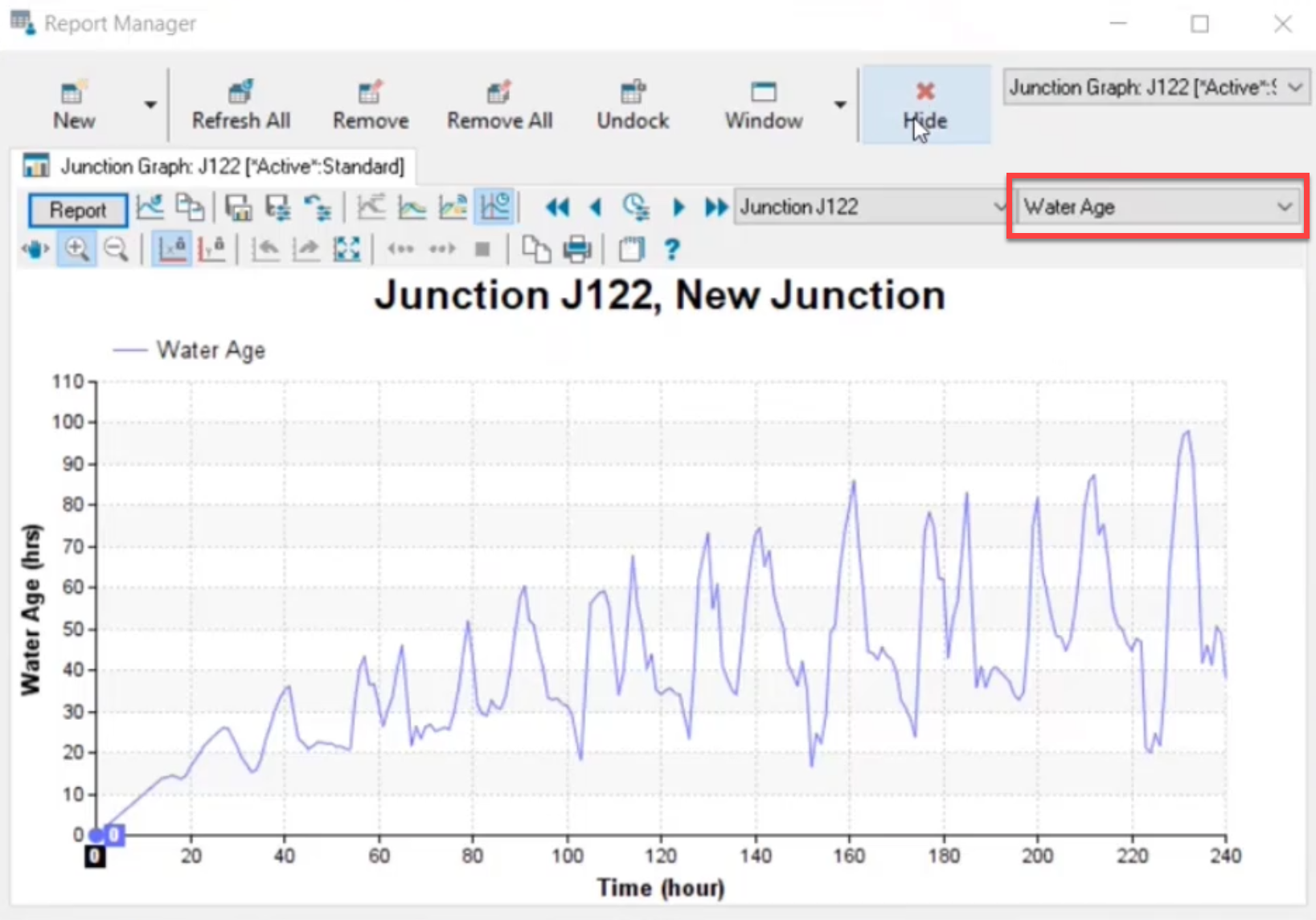 The Report Manager dialog box with the parameter changed to Water Age and the Hide command selected