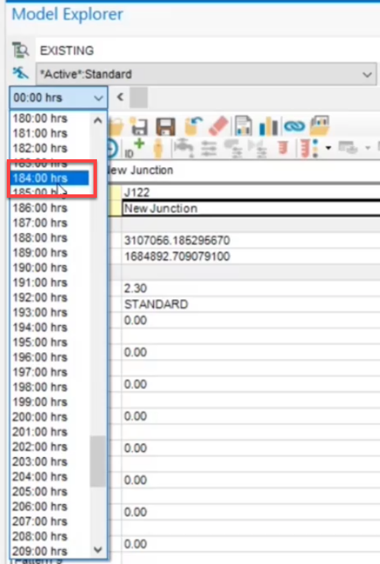 The Model Explorer with the Output drop-down expanded and 184.00 hrs selected.