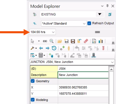 The Model Explorer with the Output set to 184:00 hrs and called out with a red arrow.