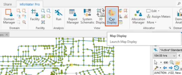 The ribbon InfoWater Pro tab, View panel, with Map Display called out.