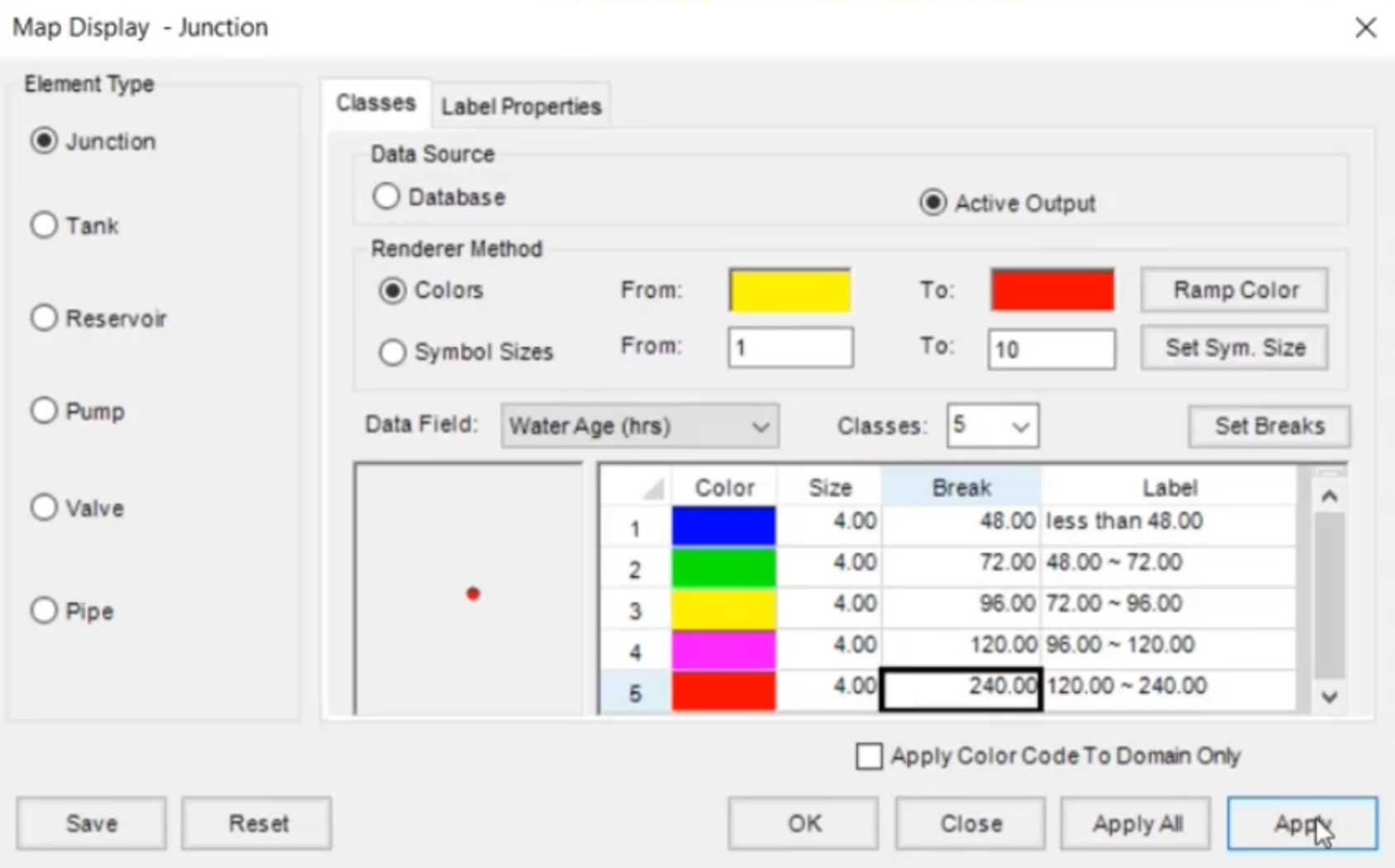 The Map Display dialog box, Junction Element Type, with other settings configured and Apply selected.