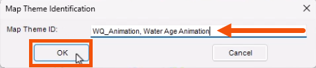 The Map Theme Identification dialog, with a name entered for the Map Theme ID and called out with a red arrow, and OK being selected and highlighted in red.