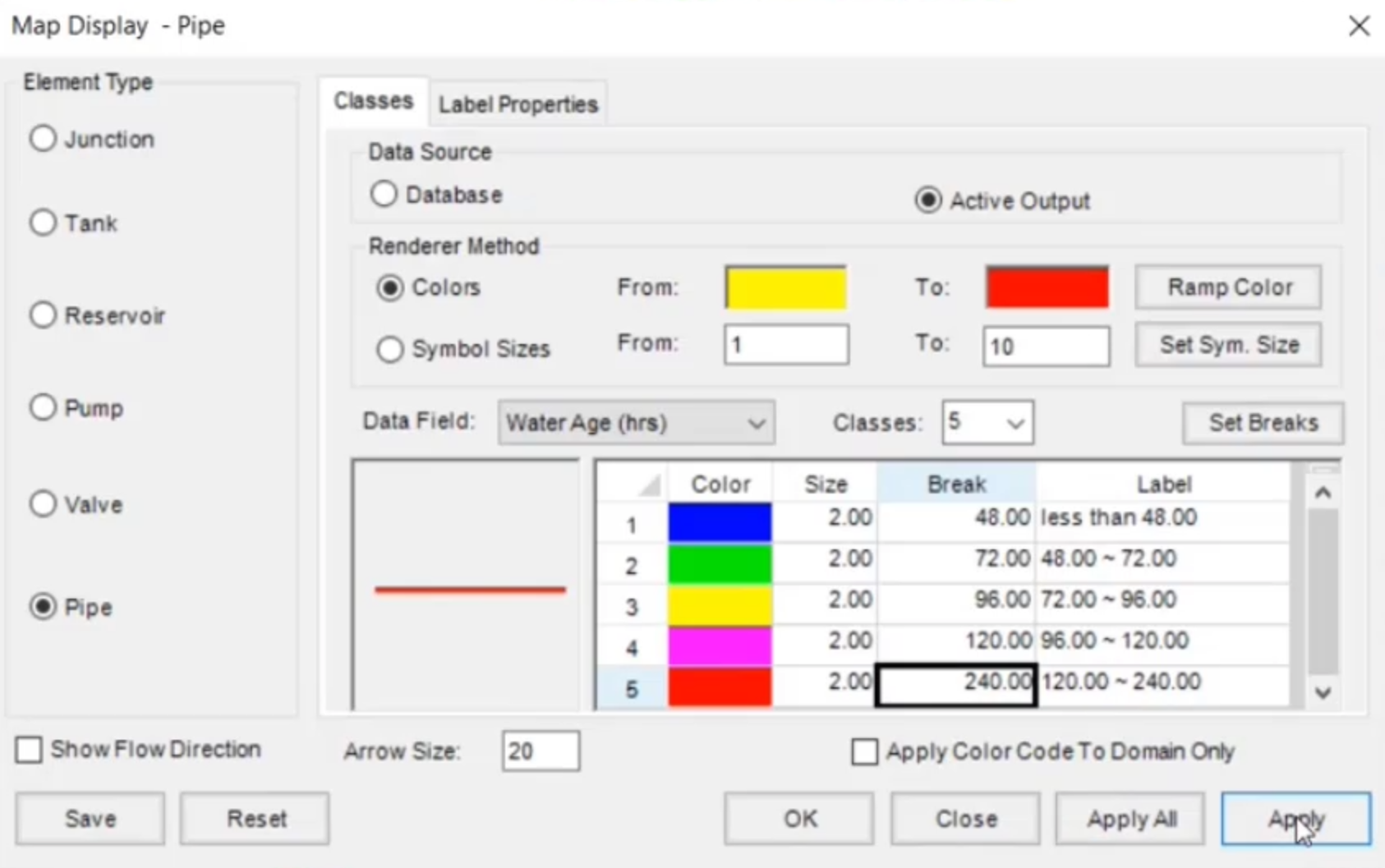 The Map Display dialog box, Pipe Element Type, with other settings configured and Apply selected.