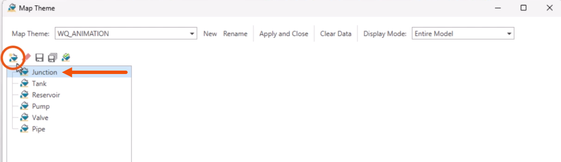 The Map Theme dialog, with Junction selected and called out with a red arrow, and New being selected and highlighted in red.