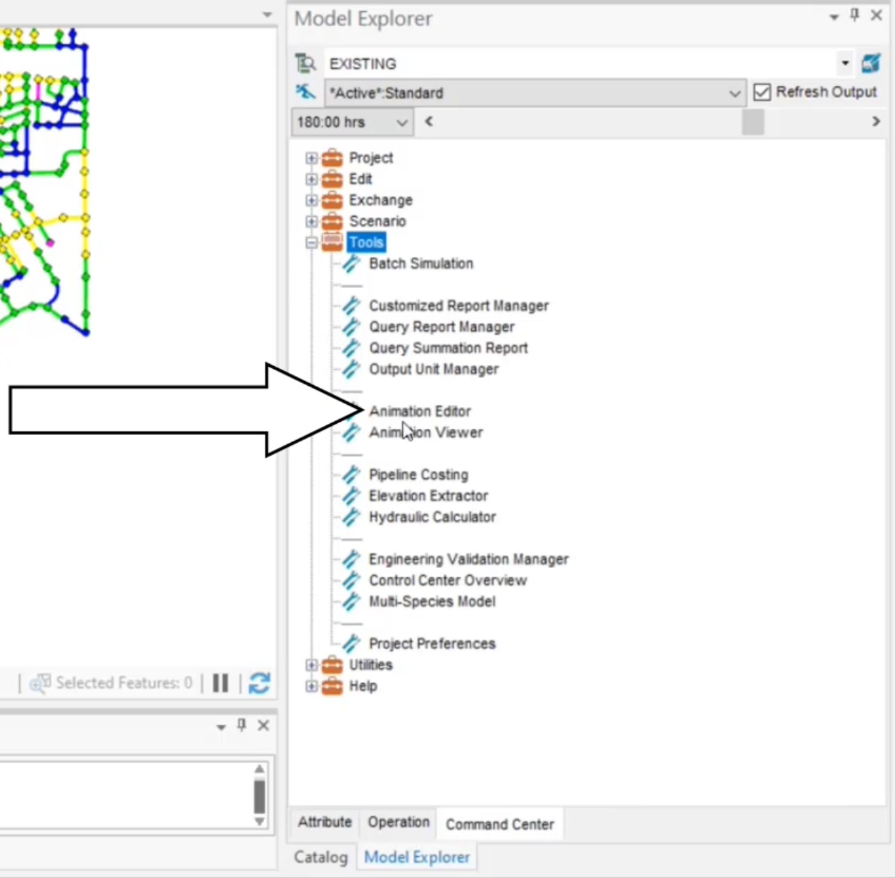 The Model Explorer, Command Center tab, with the Tools folder expanded and Animation Editor called out.