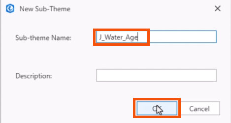 The New Sub-Theme dialog, with a Name entered and highlighted in red, and OK being selected and highlighted in red.
