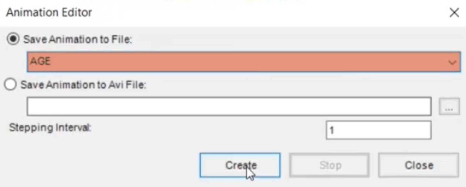 The Animation Editor dialog box with the text field filled and Create selected.