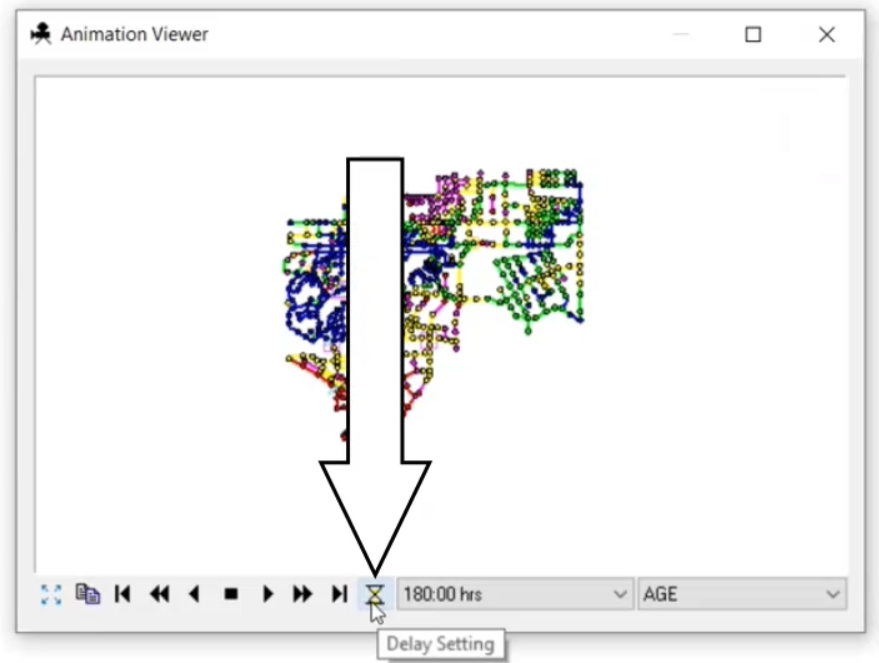 The Animation Viewer dialog box with Delay Setting called out