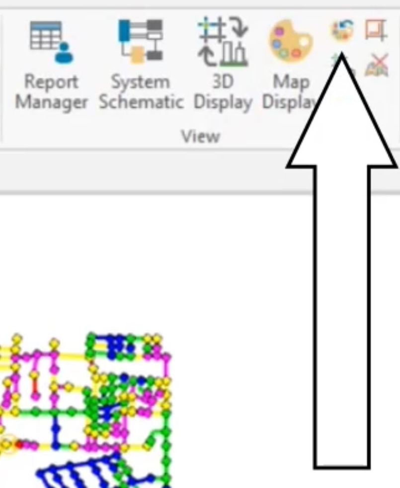 The ribbon, InfoWater Pro tab, View panel with Reset Map Display called out.