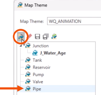 The Map Theme dialog, with Pipe selected and called out with a red arrow, and New being selected and highlighted in red.