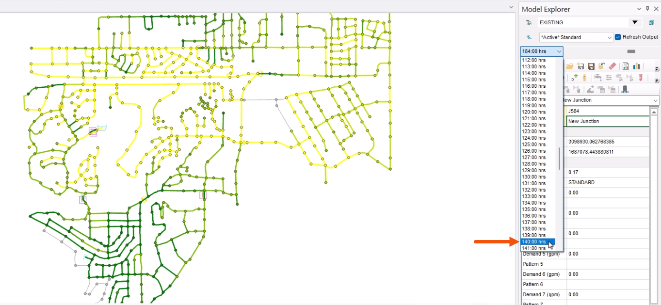 The Model Explorer, with a new value selected for the Output time and called out with a red arrow.