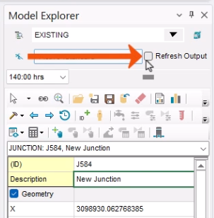 The Model Explorer, with Refresh Output deselected and called out with a red arrow.