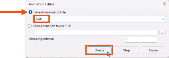 The Animation Editor dialog, with Save Animation to File selected and called out with a red arrow, AGE entered for the name and highlighted in red, and Create being selected and highlighted in red.