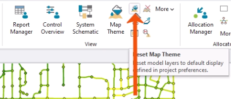 The View panel, with Reset Map Theme being selected and called out with a red arrow.