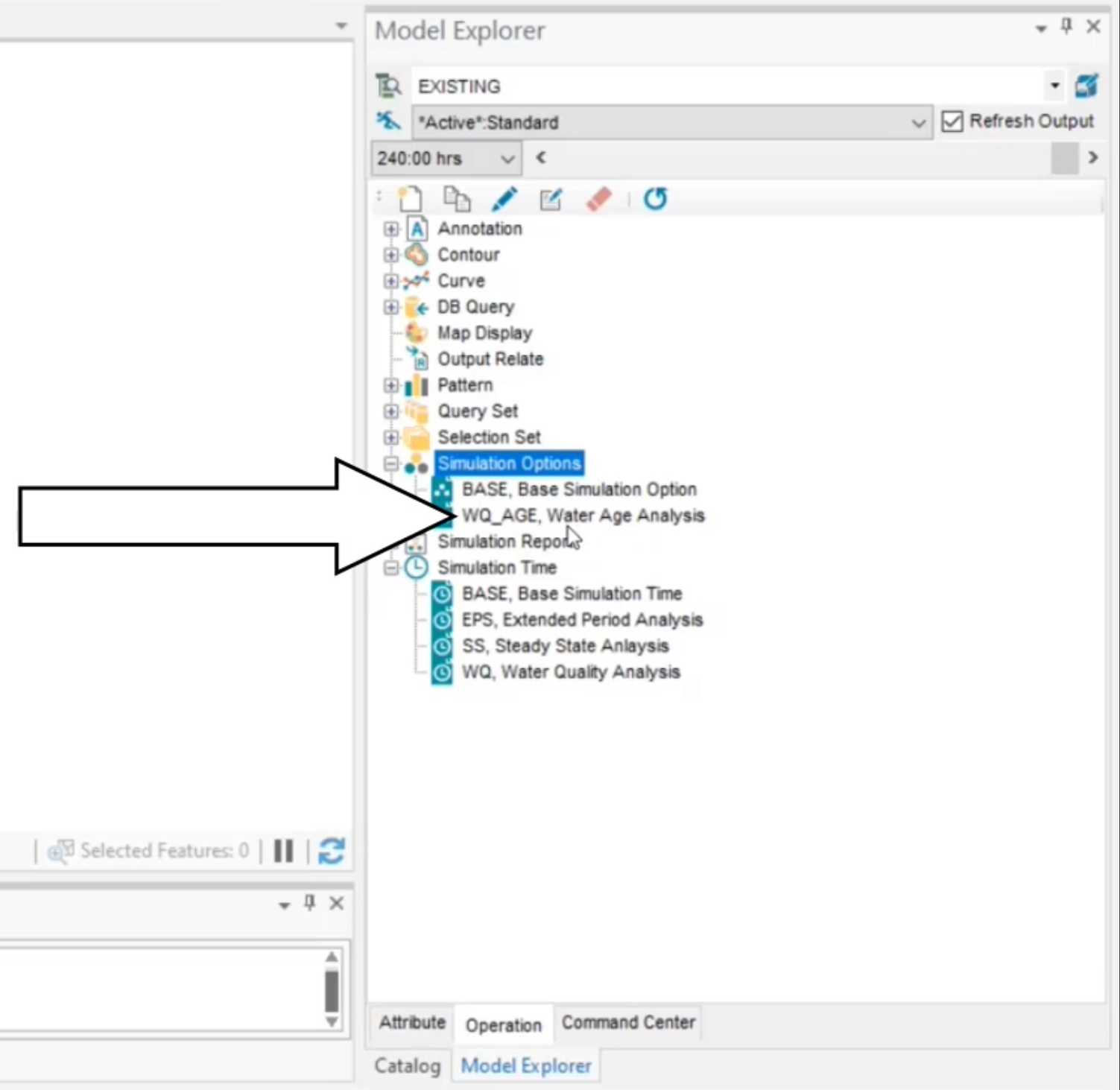 The Model Explorer, Operation tab, with the Simulation options expanded and WQ_AGE, Water Age Analysis called out.