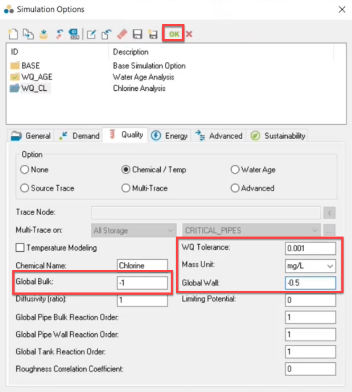 The Simulation Options dialog box, Quality tab with settings configured and called out.