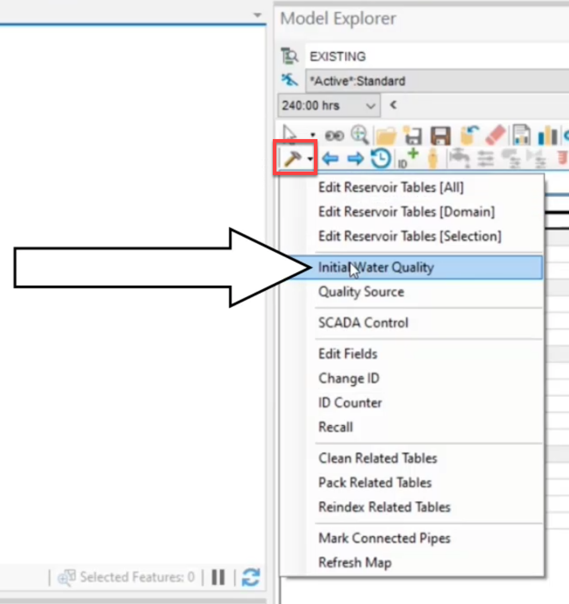 The Model Explorer Tools menu with Initial Water Quality selected and Tools highlighted