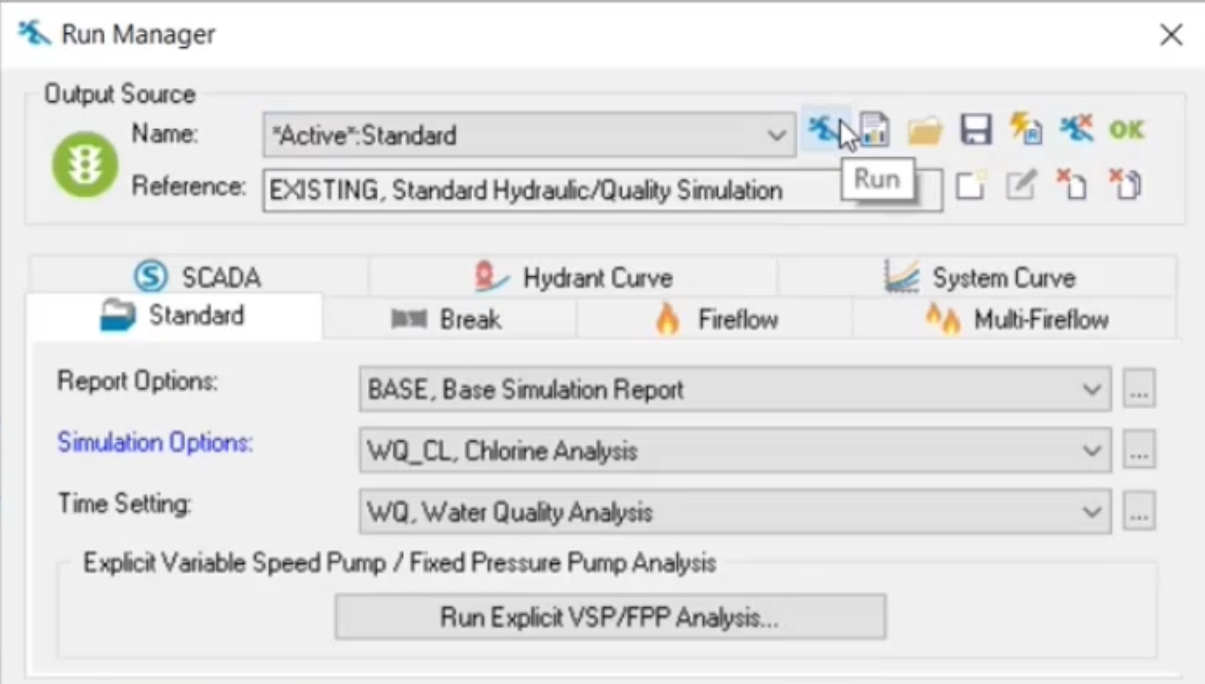 The Run Manager dialog box with settings configured and Run selected.