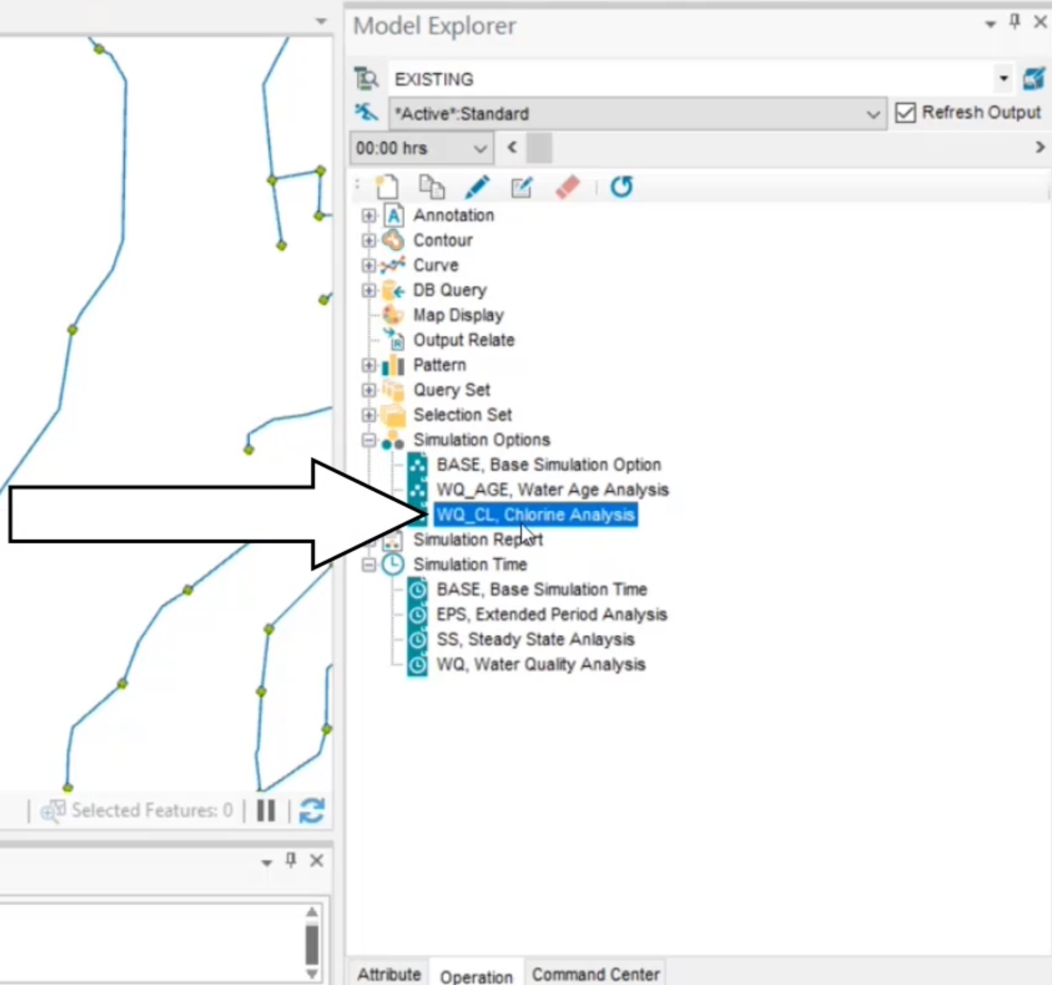 The Model Explorer, Operation tab, Simulation options expanded and WQ_AGE, Water Age Analysis called out.