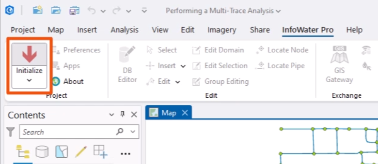 On the ArcGIS Pro ribbon, the InfoWater Pro tab active, and in the Project panel, Initialize being selected and highlighted in red.
