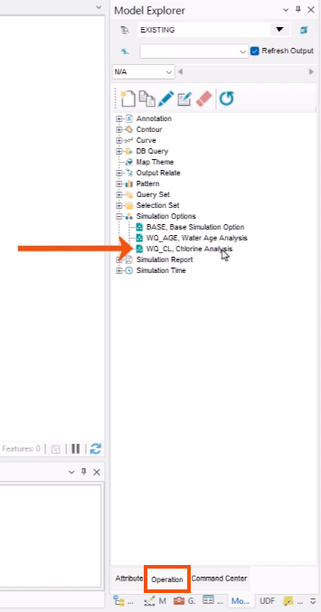 The Model Explorer, with the Operation tab selected and highlighted in red, and the Simulation Options folder expanded, with WQ_CL, Chlorine Analysis called out with a red arrow.