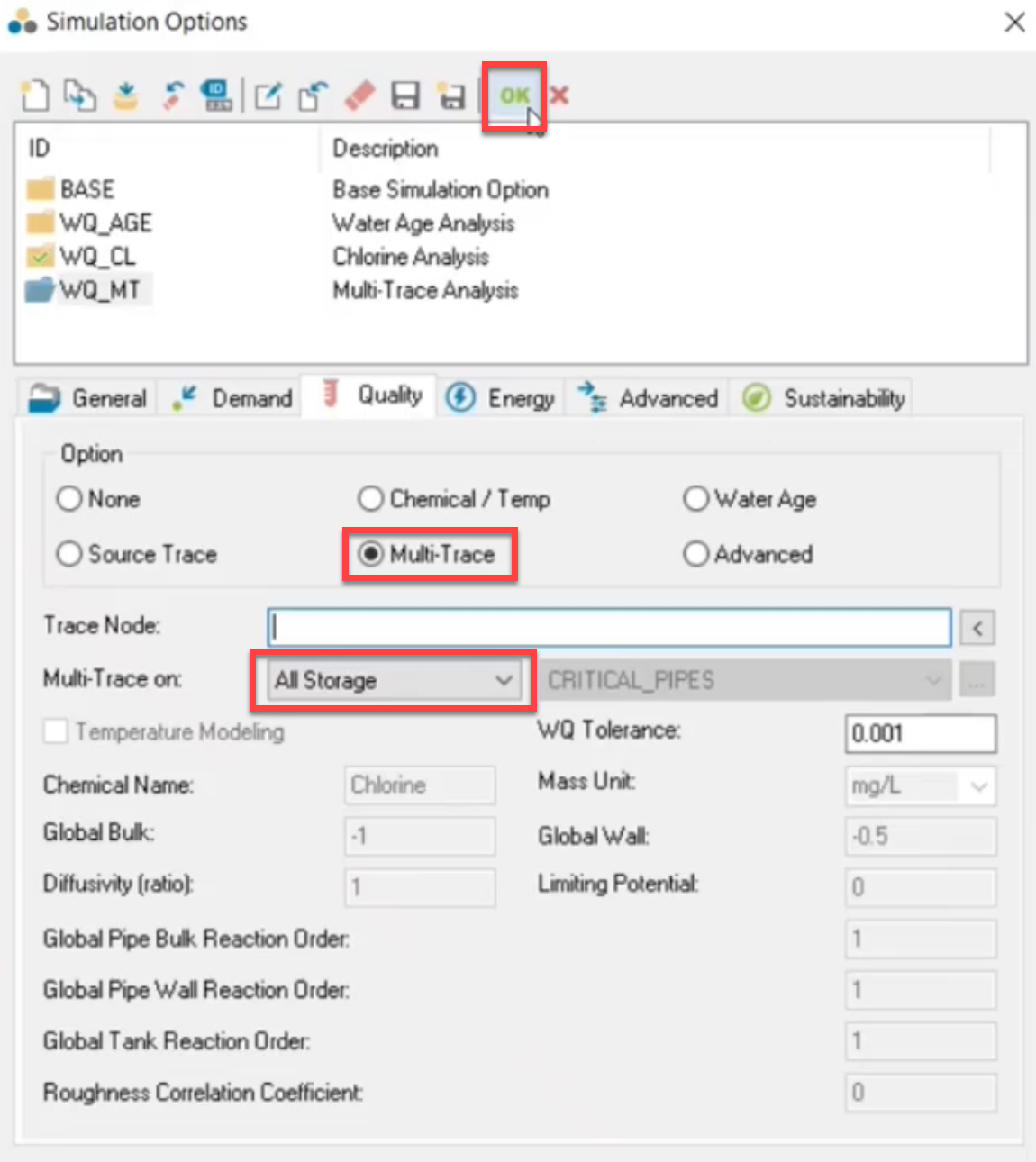 The Simulation Options dialog box with the settings configured and highlighted.