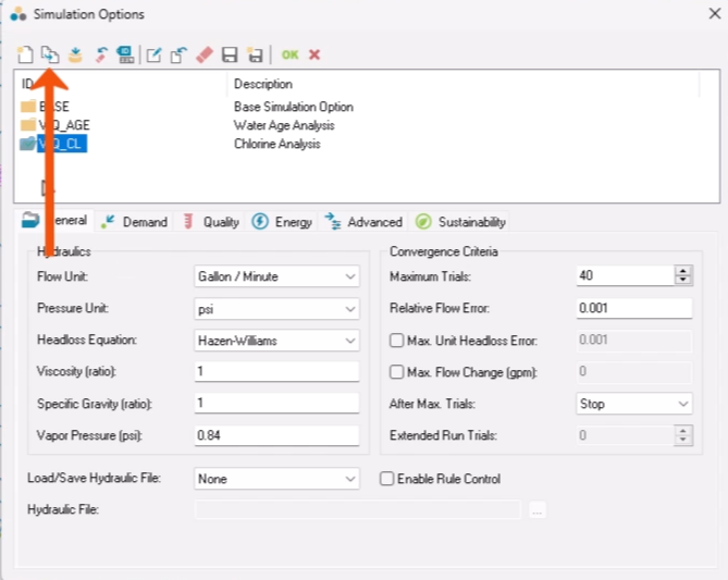 The Simulation Options dialog, with Clone being selected and called out with a red arrow.