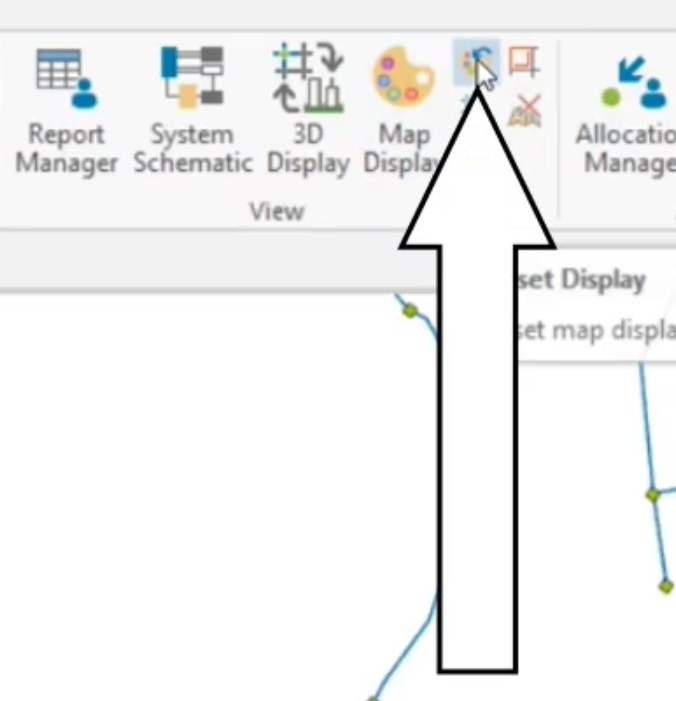 The InfoWater Pro tab on the ribbon, focused on the View panel with Reset Map Display selected.