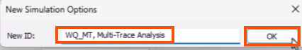 The New Simulation Options popup, with a New ID entered and highlighted in red, and OK being selected and highlighted in red.