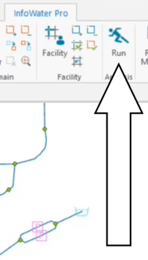 The InfoWater Pro toolbar, Analysis panel, with Run called out.