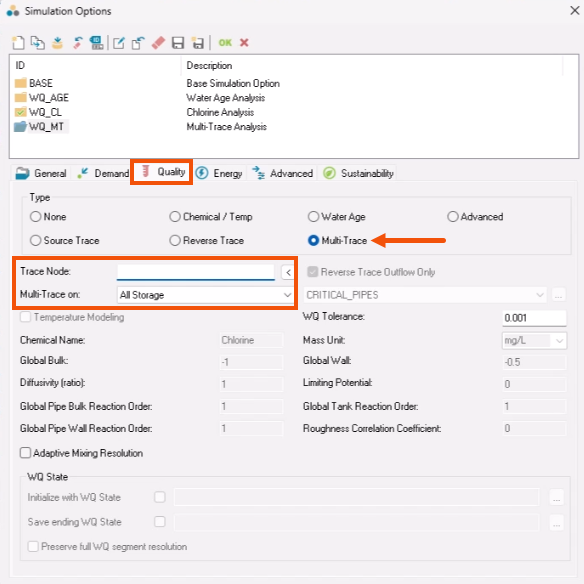 The Simulation Options dialog, with the Quality tab selected and highlighted in red, Multi-Trace selected and called out with a red arrow, and the Trace Node and Multi-Trace on fields highlighted in red.