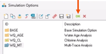 In the Simulation Options dialog, on the toolbar, OK called out with a red arrow.