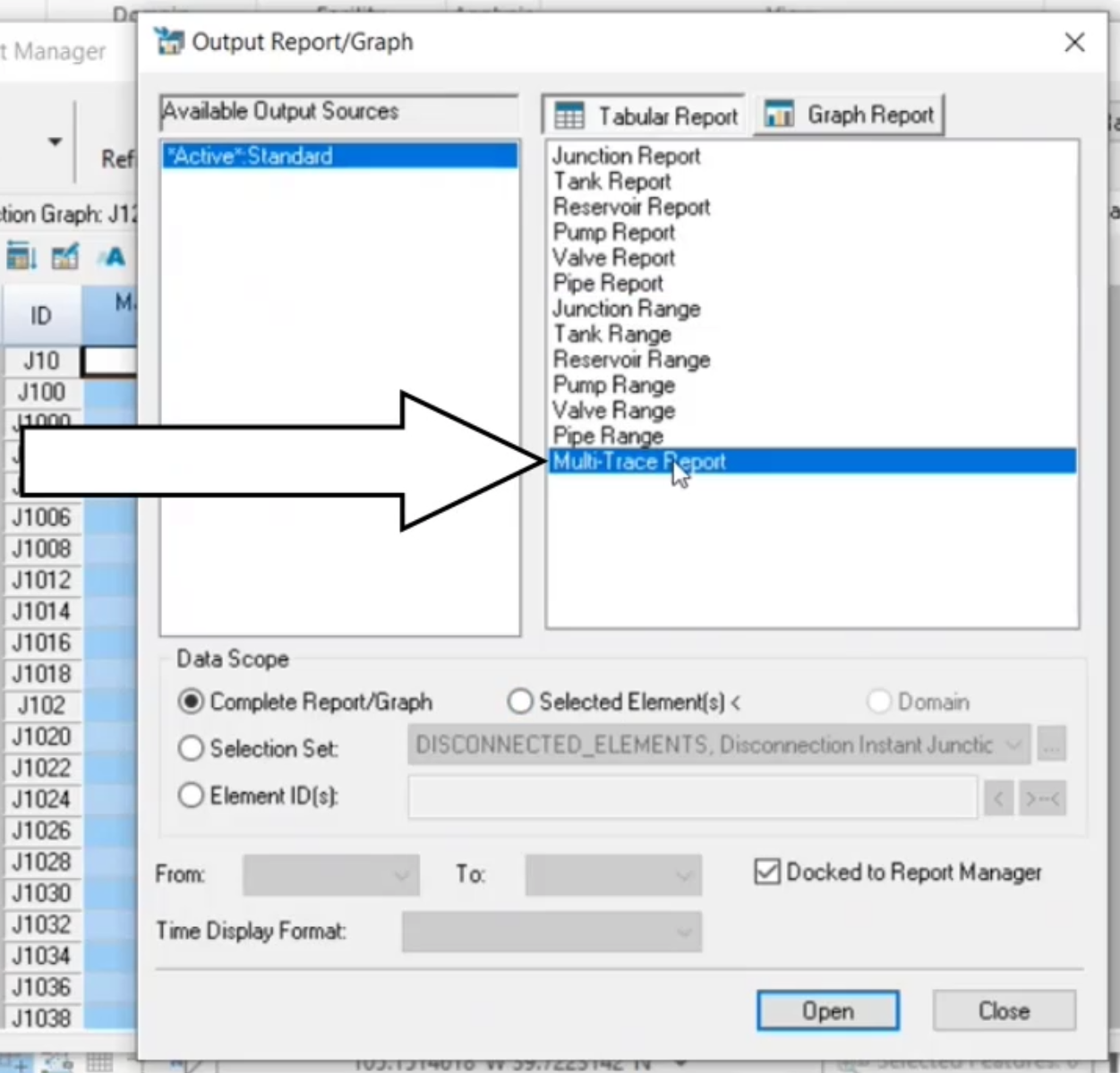 The Output Report/Graph dialog box, Tabular Report panel, with Multi-Trace Report highlighted.