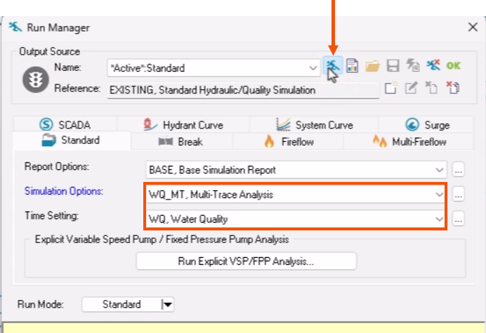 The Run Manager, with the Simulation Options and Time Setting fields set accordingly, and highlighted in red, and Run being selected and called out with a red arrow.