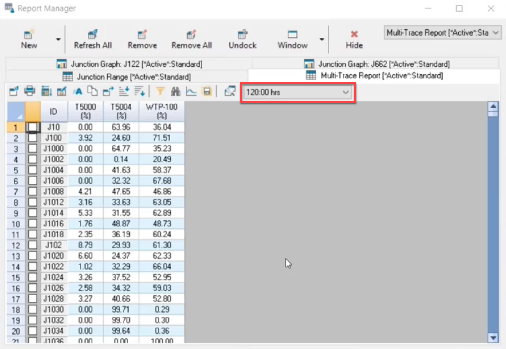 The Report Manager dialog box with the output time set and called out