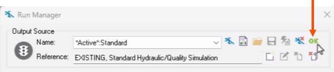 The Run Manager, with OK called out with a red arrow.