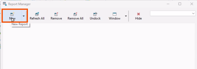 The Report Manager, with New being selected and highlighted in red.