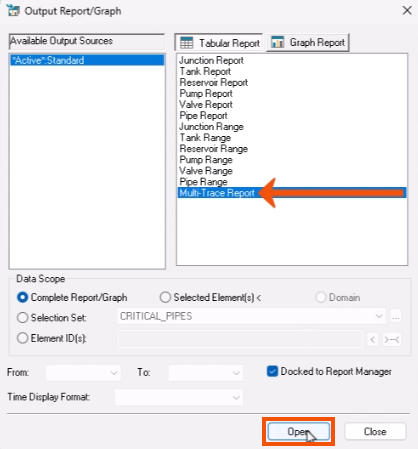 The Output Report/Graph dialog, with Multi-Trace Report selected and called out with a red arrow, and Open being selected and highlighted in red.