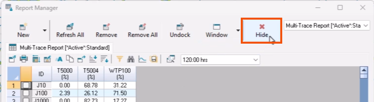 The Report Manager, with Hide being selected and highlighted in red.
