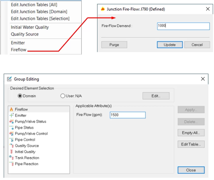 Setting the fireflow demands individually or as a group editing process.