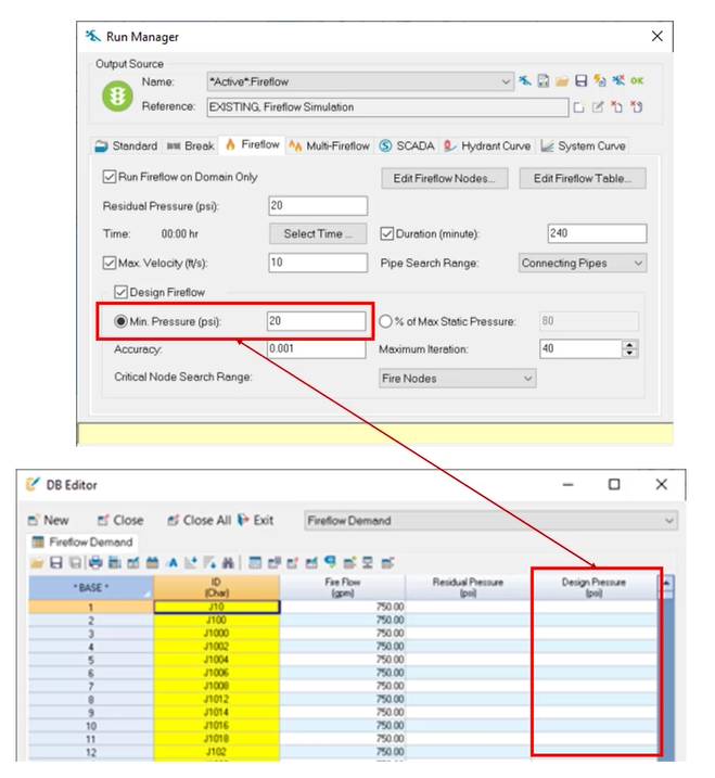 The Design Fireflow settings in the Run Manager, with the corresponding Fireflow Demand table in the DB Editor.