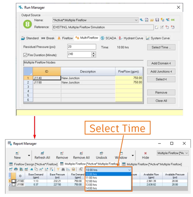 The Multi-Fireflow settings in the Run Manager, with the corresponding results in the Report Manager.