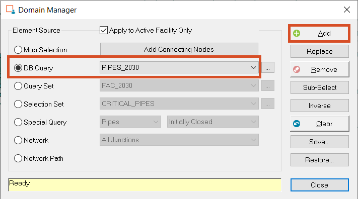 The Domain Manager, with DB Query selected as the Element Source and PIPES_2030 selected.