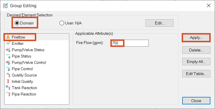 The Group Editing dialog box with the fireflow options chosen to run them on the domain.